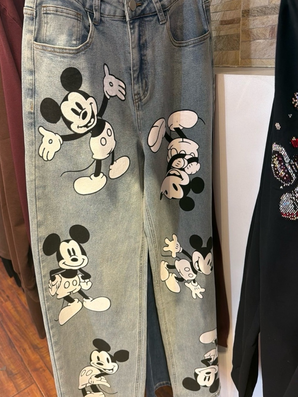 Women's Light Wash Denim Jeans with Black & White Mickey Mouse Print
